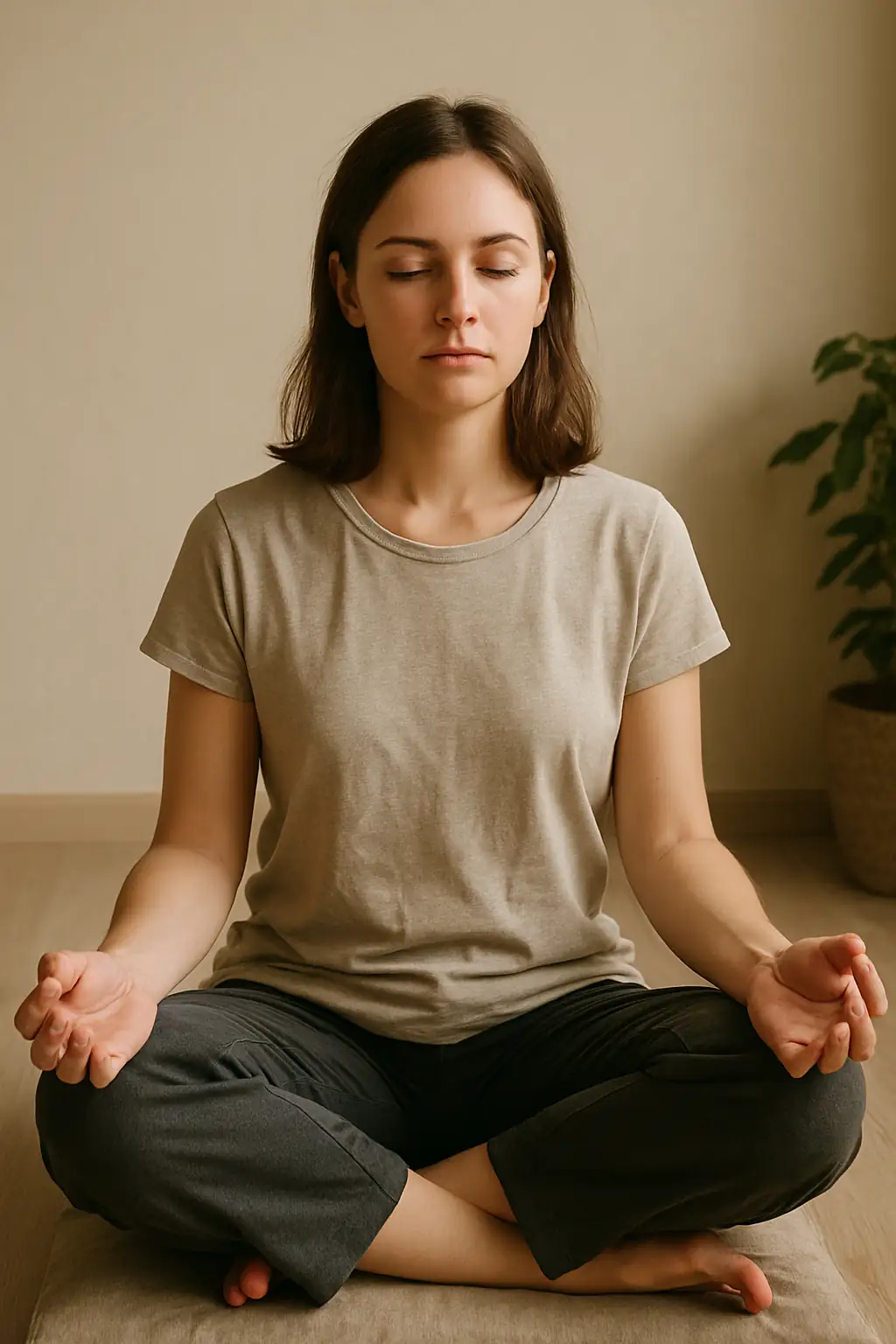 Femme en position de méditation. les yeux fermés sur un zafu