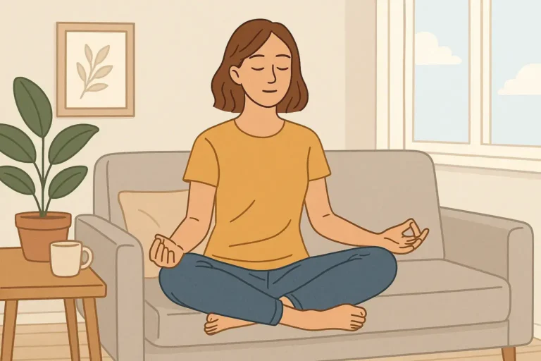 dessin d'une femme assise sur un canapé en position de méditation, les yeux fermés. a sa gauche une plante et à droite une fenêtre