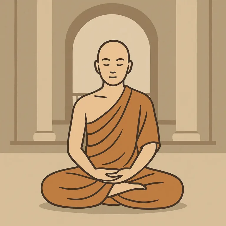 Dessin d'un moine assis en méditation dans un temple