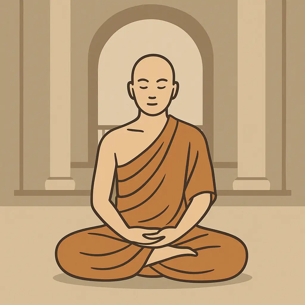 Dessin d'un moine assis en méditation dans un temple