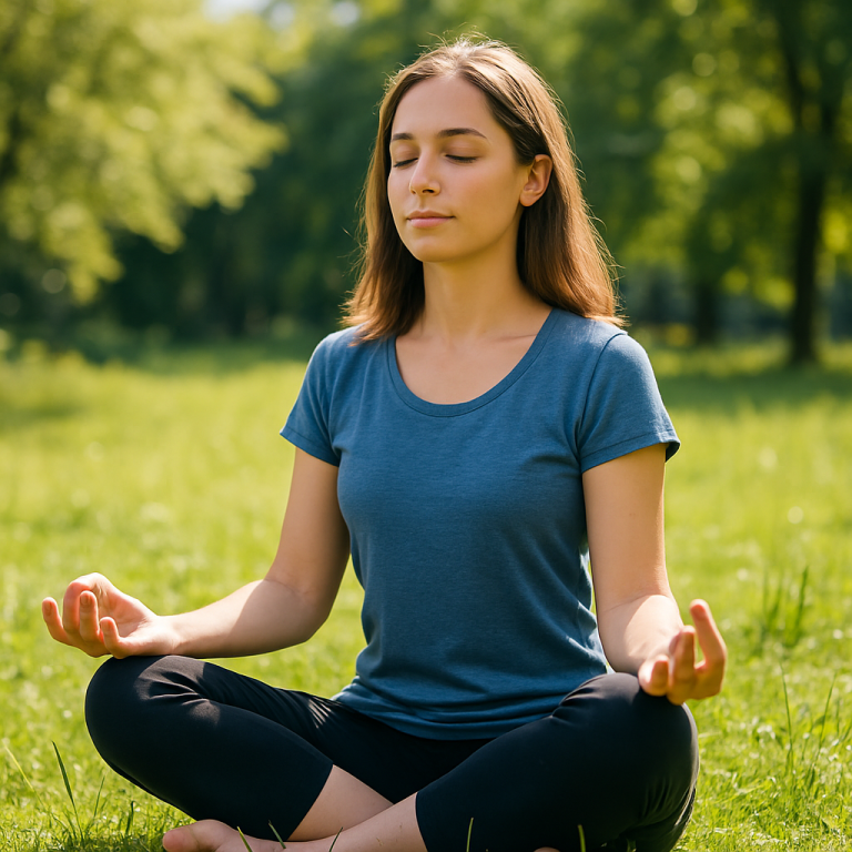 Femme en position de méditation, les yeux fermés, assise sur l'herbe et la forêt derrière elle