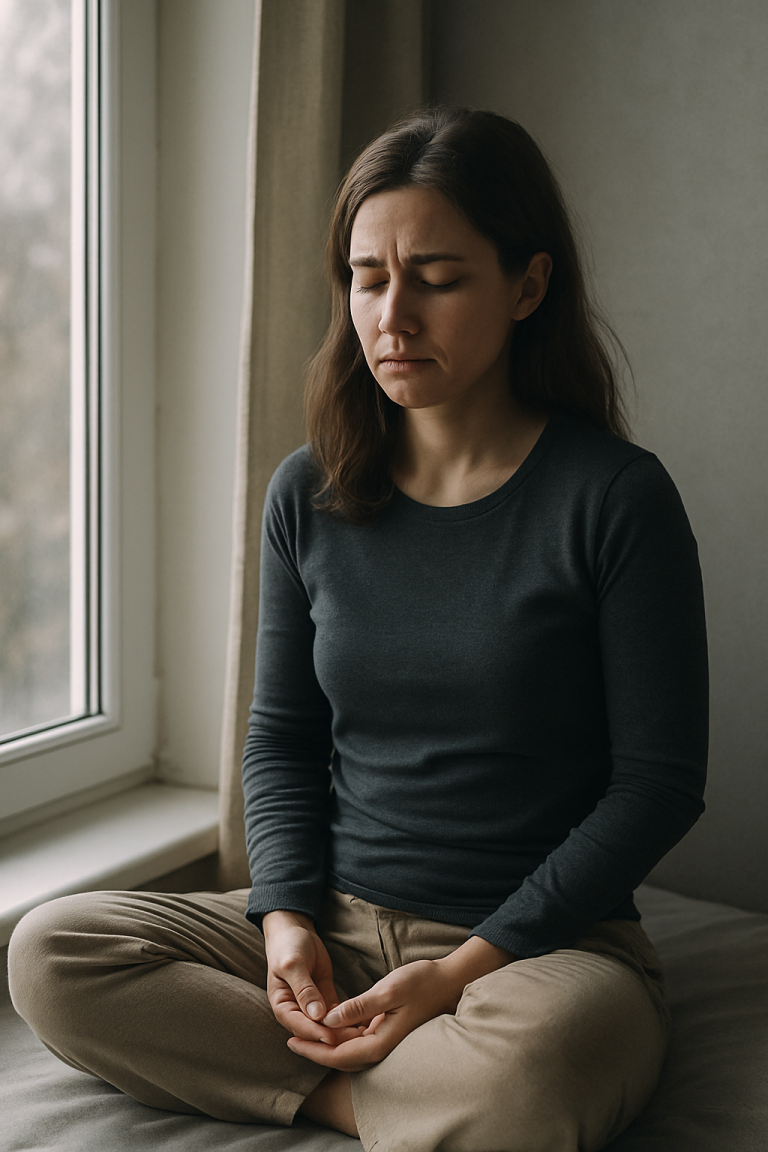 Femme en position de méditation, les yeux fermés à côté d'une fenêtre