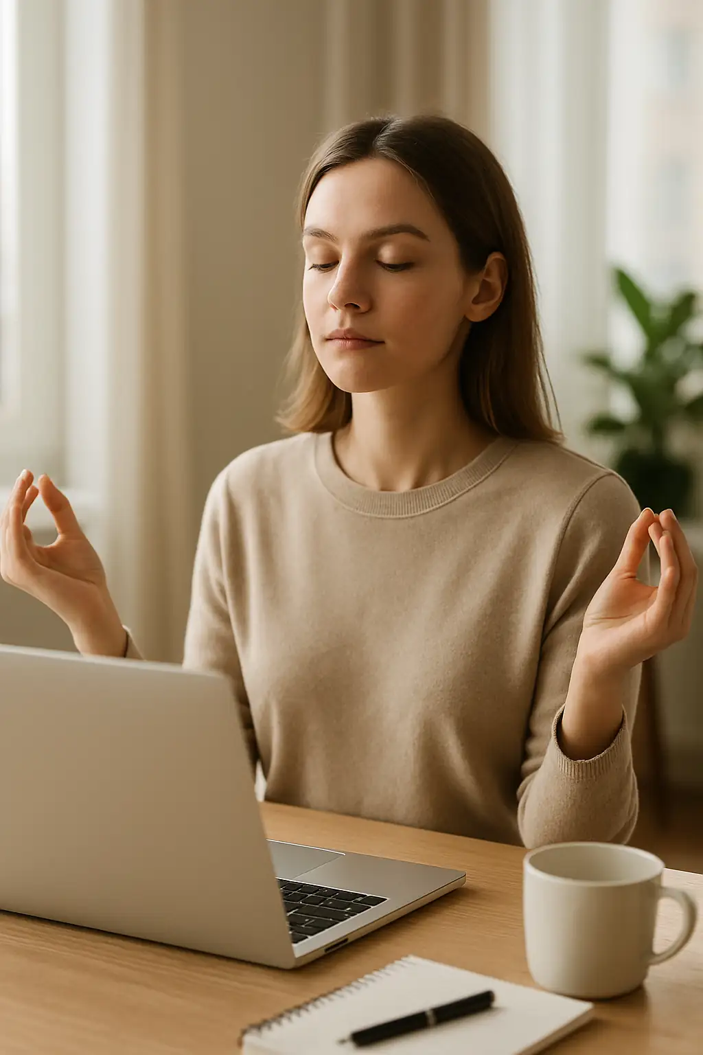 Femme à son bureau, devant un ordinateur. Les bras repliés en haut et les indexes touche les pouces