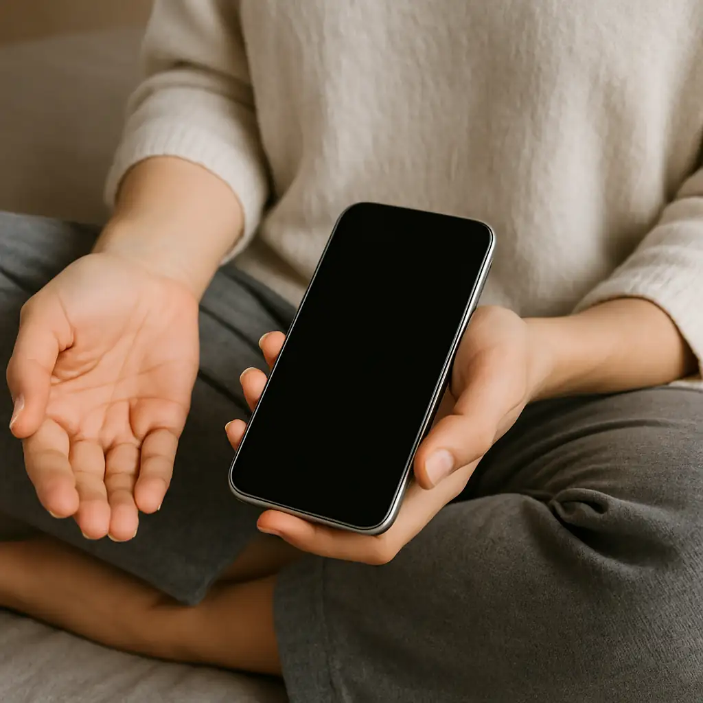 Femme assise avec un téléphone dans sa main
