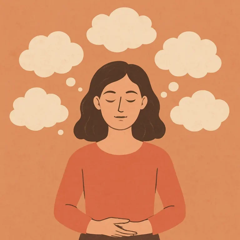 Dessin de femme debout avec les mains sur le ventre, les yeux fermés. Des nuages au-dessus d'elle