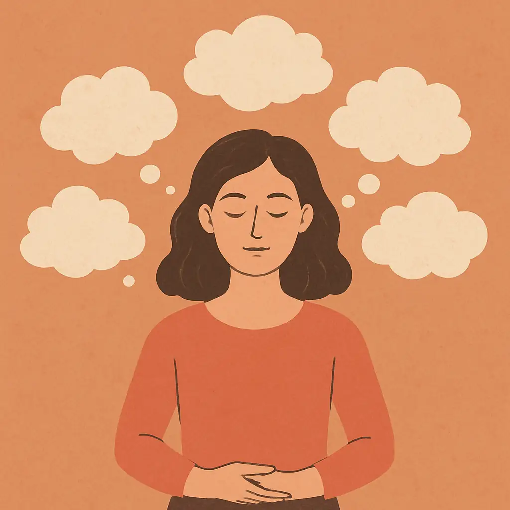 Dessin de femme debout avec les mains sur le ventre, les yeux fermés. Des nuages au-dessus d'elle