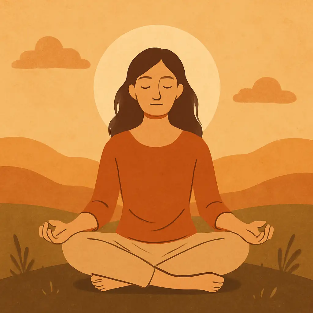 dessin de femme en position de méditation, les yeux fermés. Un soleil derrière elle et des nuages.