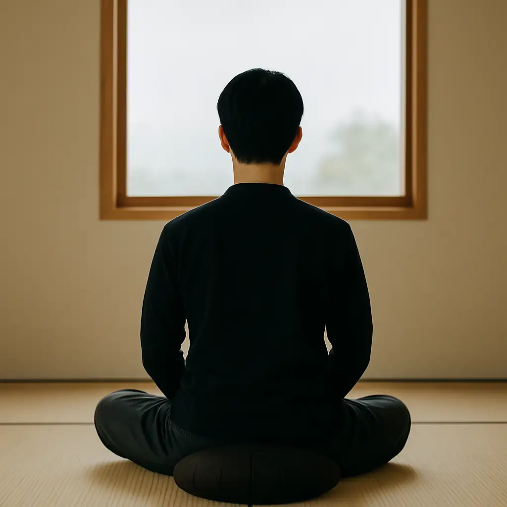 Homme en position de méditation sur un coussin en face d'une fenêtre