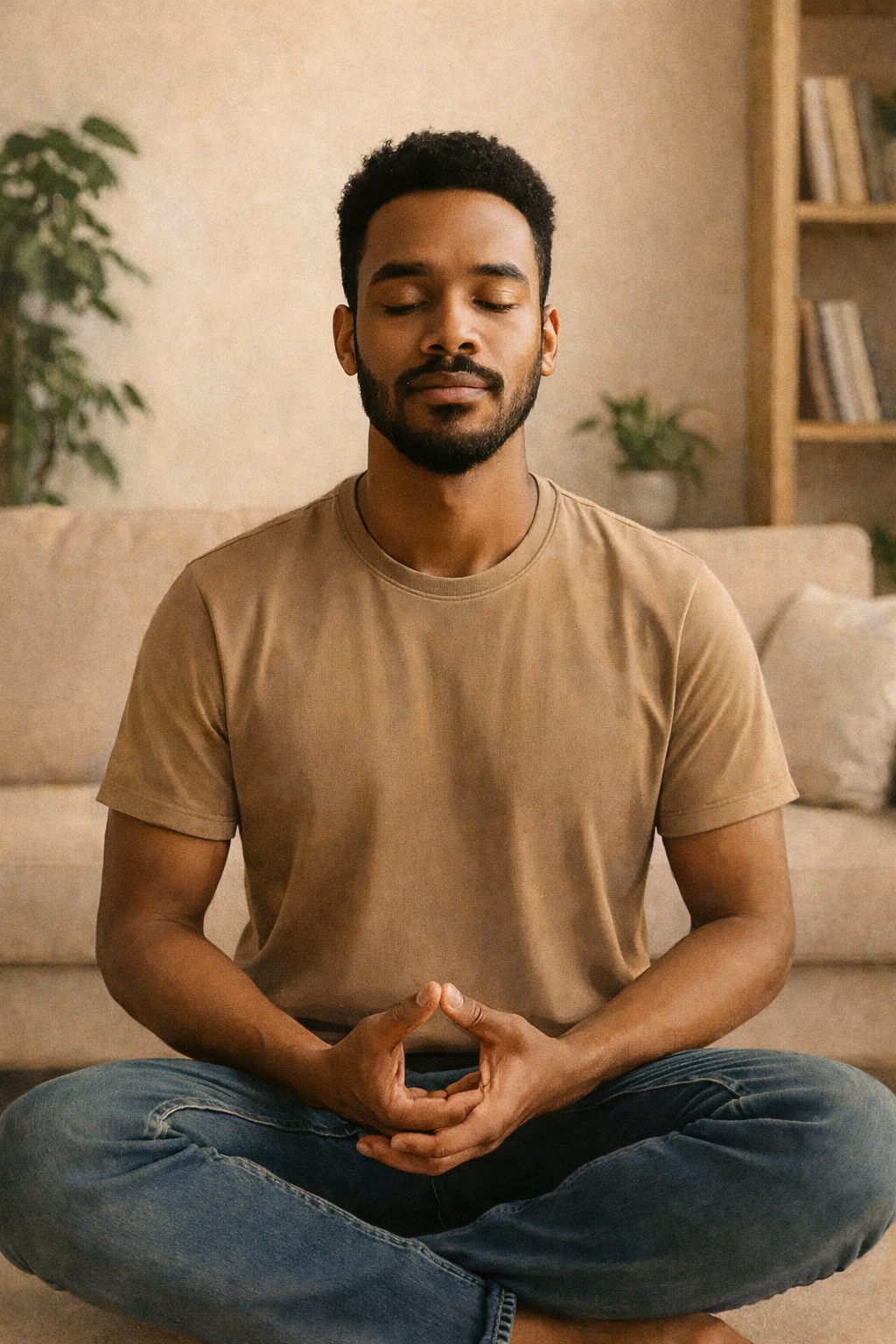 Homme méditant dans un intérieur chaleureux
