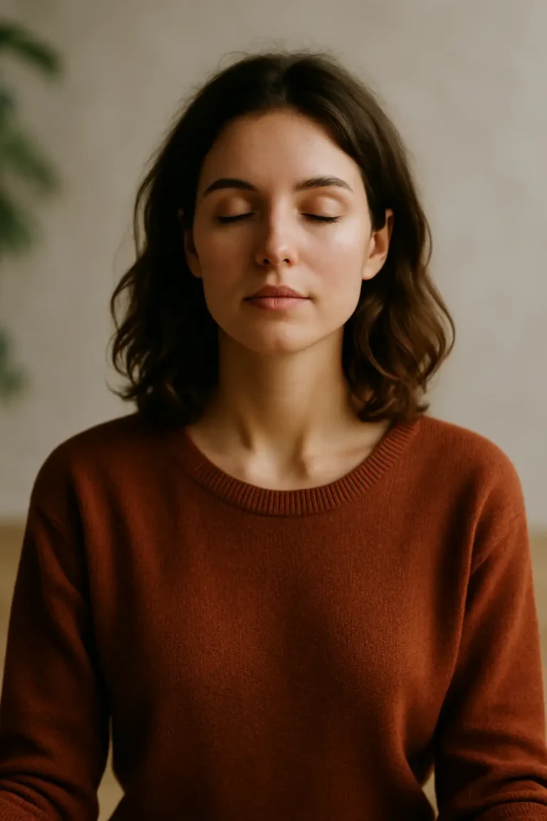 Femme en position de méditation, les yeux fermés