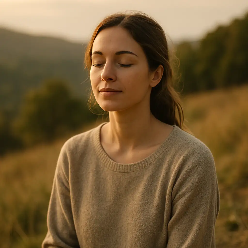 Femme immobile les yeux fermés dans un champ