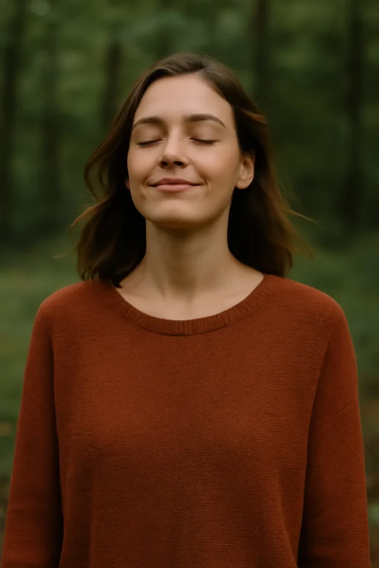 femme debout avec un sourire dans une forêt