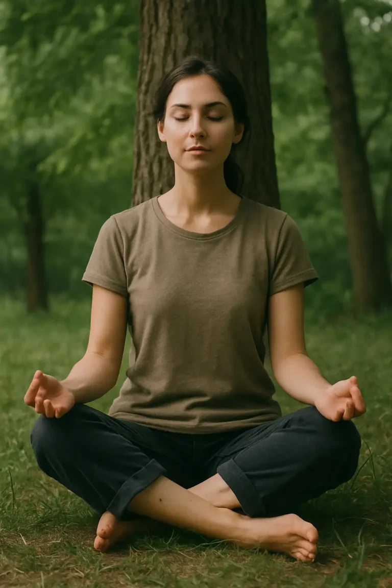 Femme en position de méditation appuyée contre un arbre