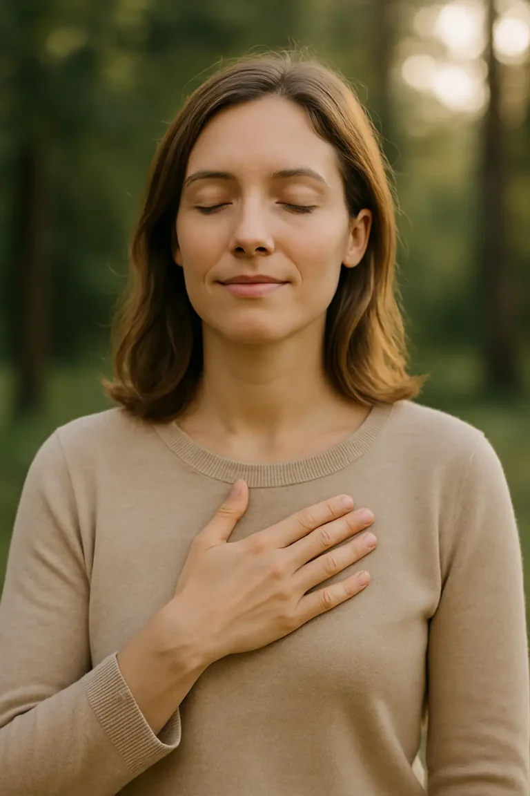 Femme debout, les yeux fermés avec une main sur le cœur