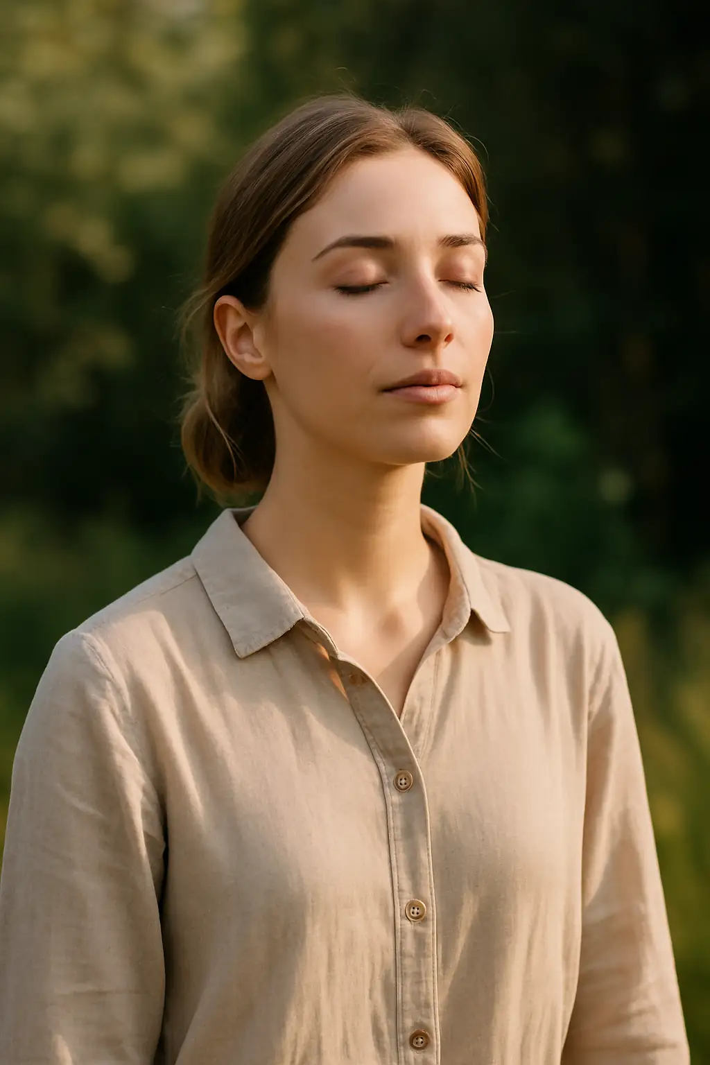 Femme immobile, les yeux fermés, les bras le long du corps
