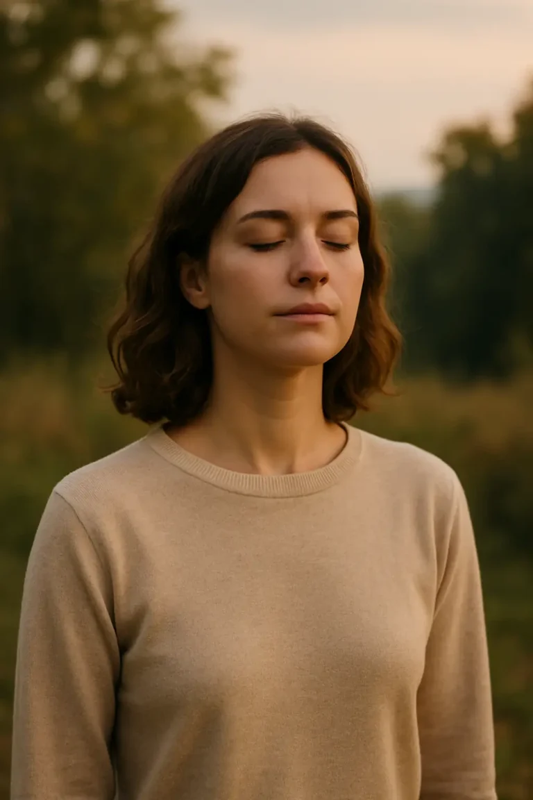 Femme immobile, debout les yeux fermés dans la forêt