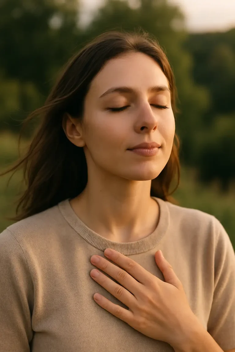 Femme dans la forêt avec une main sur le cœur