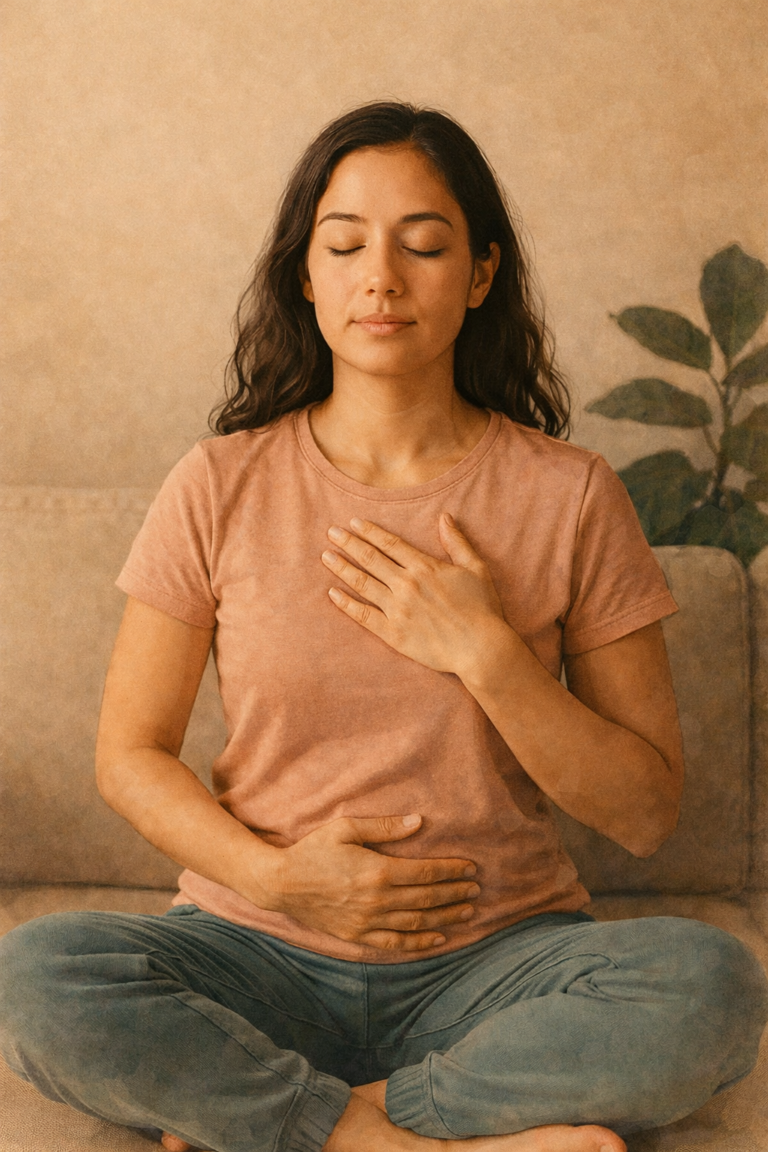 Femme méditant sur un canapé