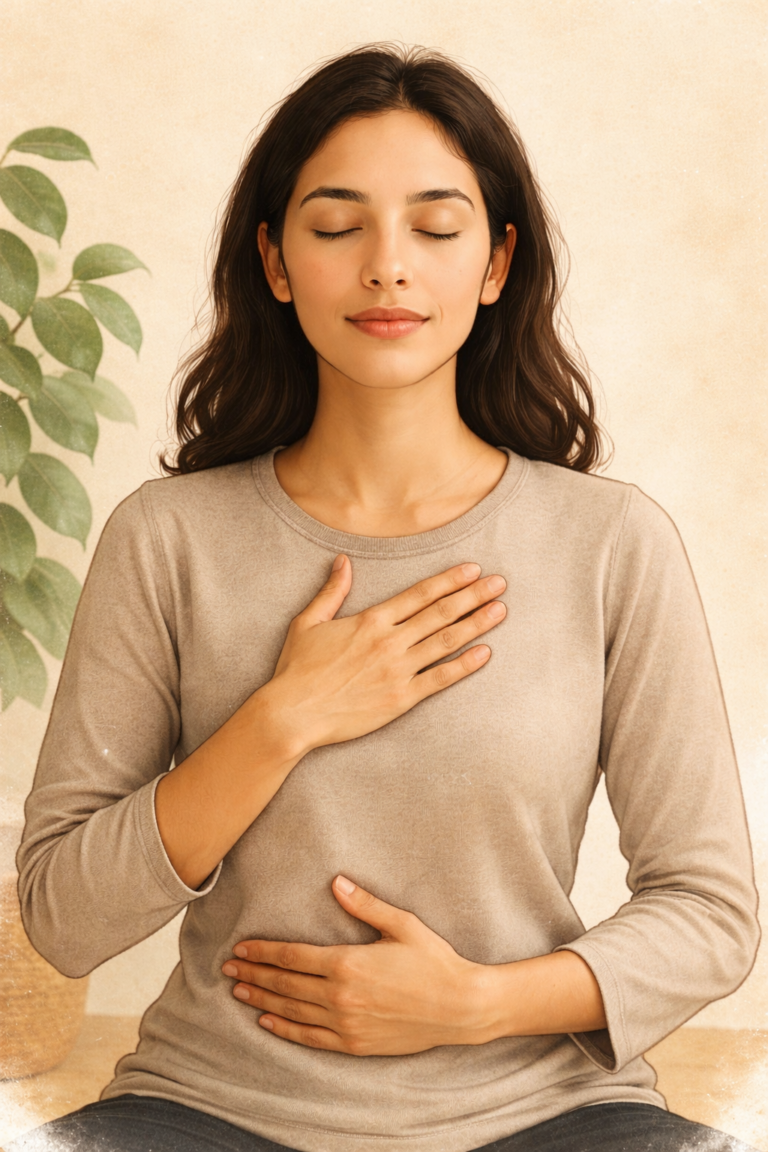 femme avec une main sur le cœur et l'autre main sur le ventre