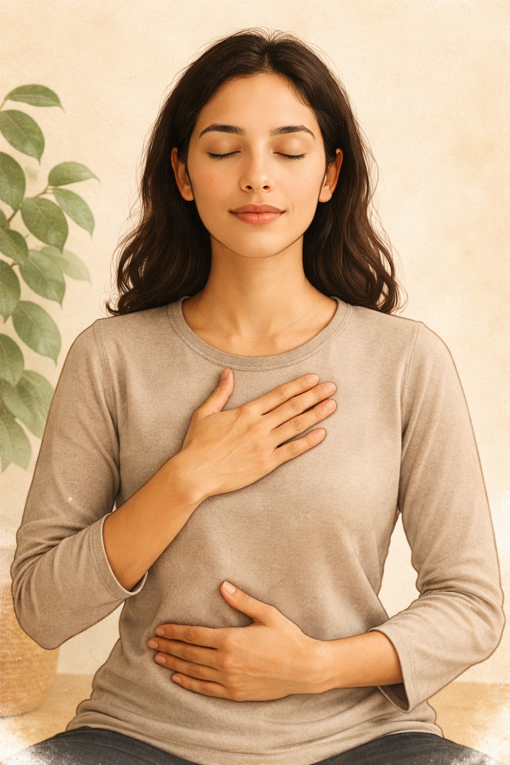 femme avec une main sur le cœur et l'autre main sur le ventre