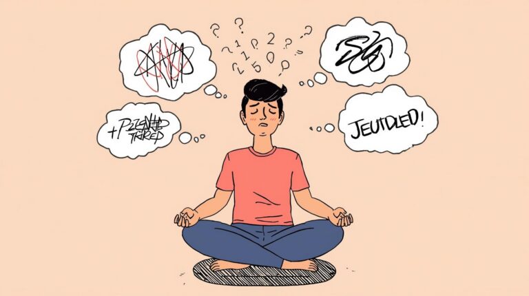 homme en méditation avec des points d'interrogations autour de lui