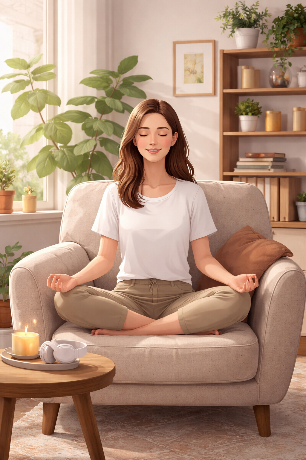 Méditation sereine dans un salon lumineux