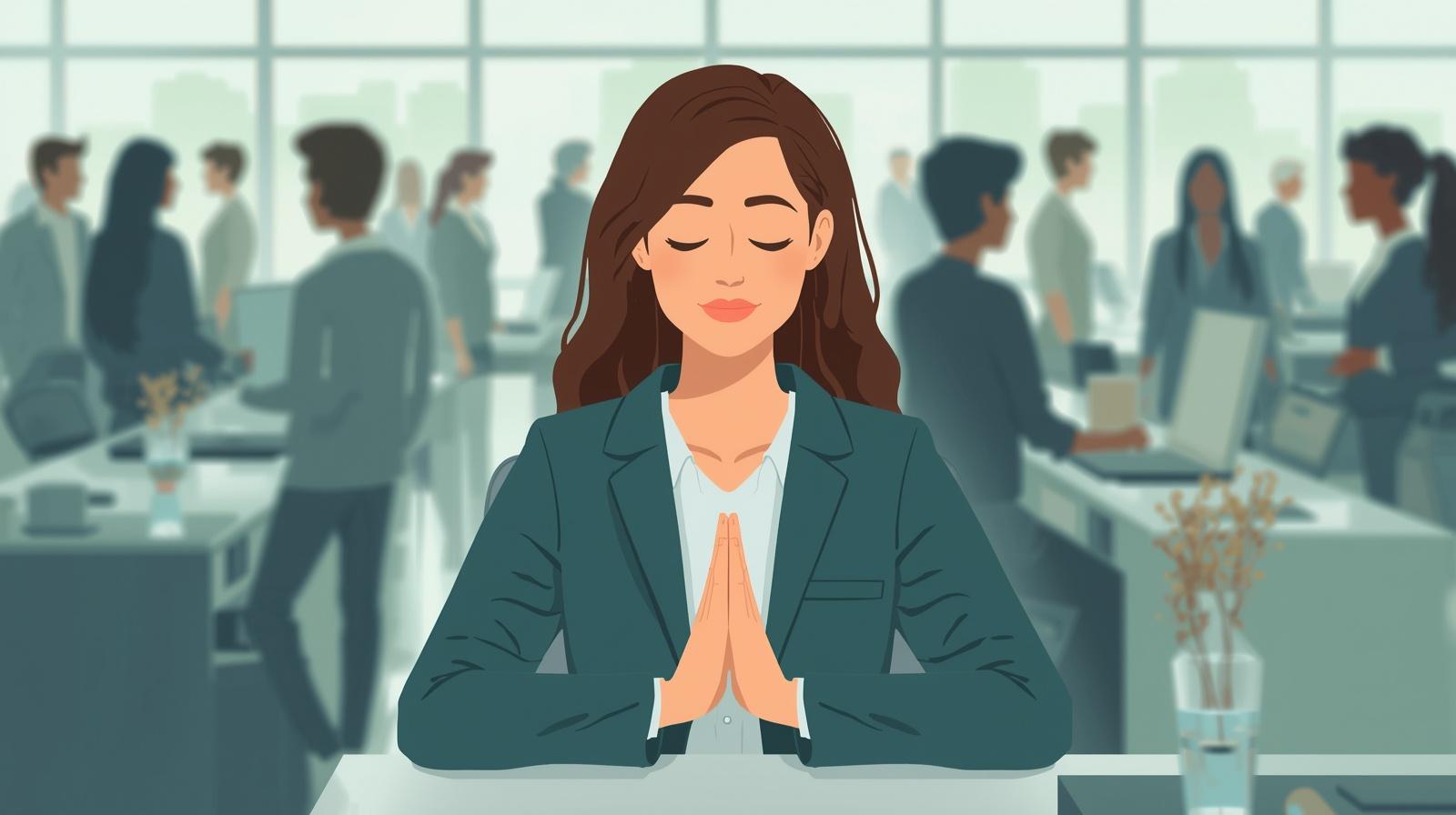 Femme avec les mains en prière au bureau. Derrière elle, des personnes qui travaillent sur leur ordinateur