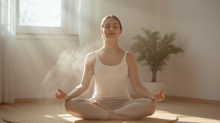 Femme qui médite chez elle derrière une fenêtre ensoleillée