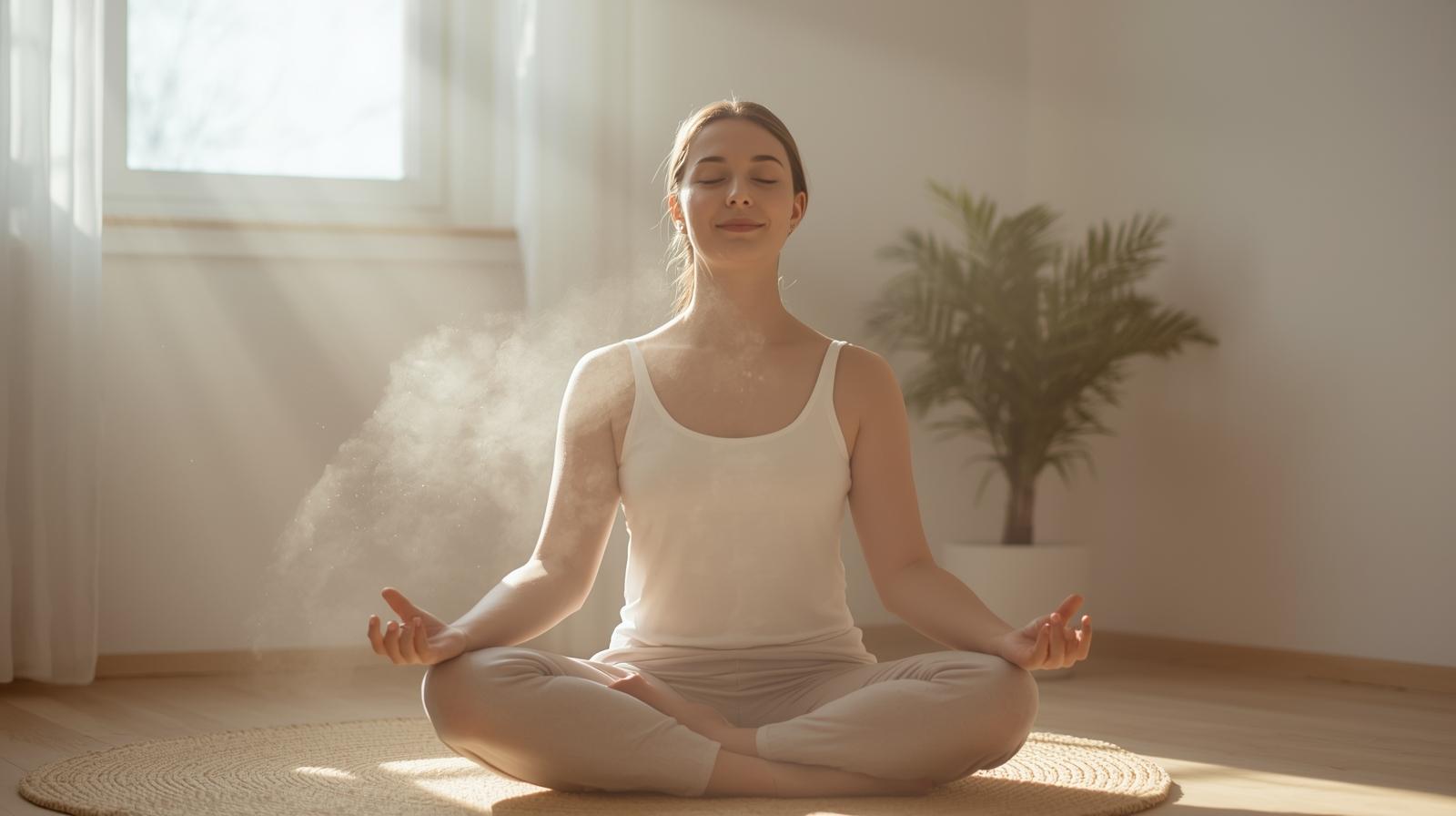 Femme qui médite chez elle derrière une fenêtre ensoleillée