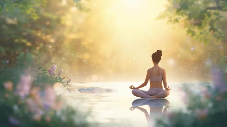 Femme en méditation au bord de l'eau avec une forêt autour de l'eau