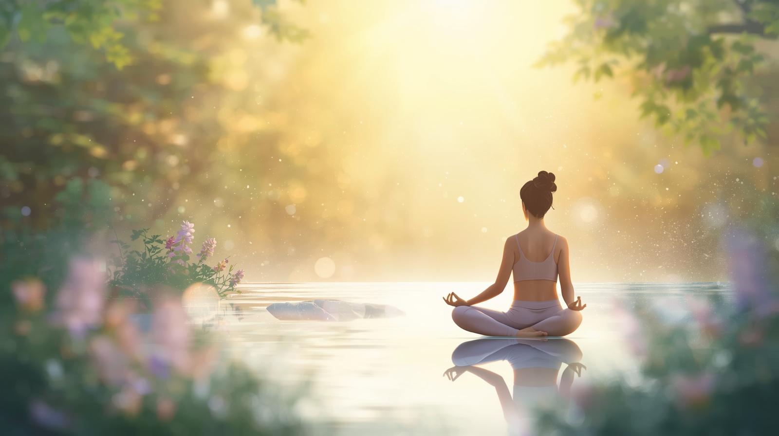 Femme en méditation au bord de l'eau avec une forêt autour de l'eau